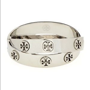 Tory Burch Silver Tone Logo Double Wrap Bracelet